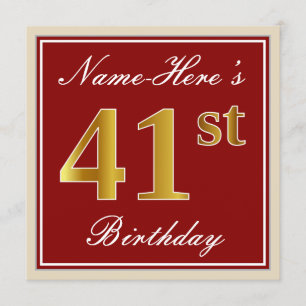 Elegant, Red, Faux Gold 41st Birthday; Aangepaste  Kaart
