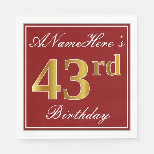Elegant Red, Faux Gold 43rd Birthday + aangepaste Servet (Voorkant)