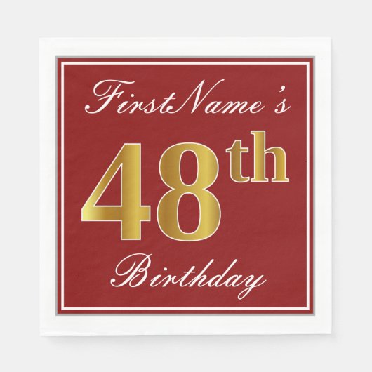 Elegant Red, Faux Gold 48th Birthday + aangepaste  Servet (Voorkant)