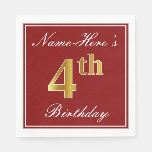 Elegant Red, Faux Gold 4th Birthday + aangepaste n Servetten (Voorkant)
