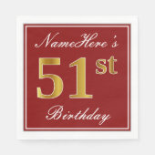 Elegant Red, Faux Gold 51st Birthday + aangepaste  Servet (Voorkant)