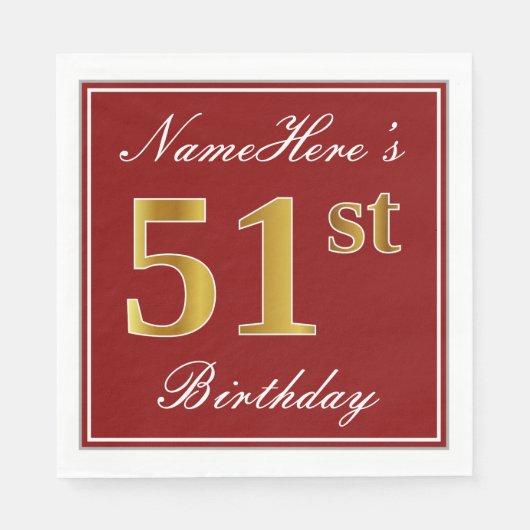 Elegant Red, Faux Gold 51st Birthday + aangepaste Servet (Voorkant)
