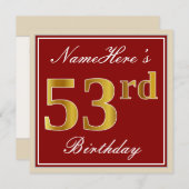 Elegant, Red, Faux Gold 53 e verjaardag; Aangepast Kaart (Voorkant / Achterkant)