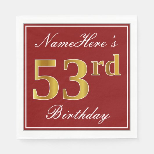 Elegant Red, Faux Gold 53rd Birthday + aangepaste  Servet (Voorkant)
