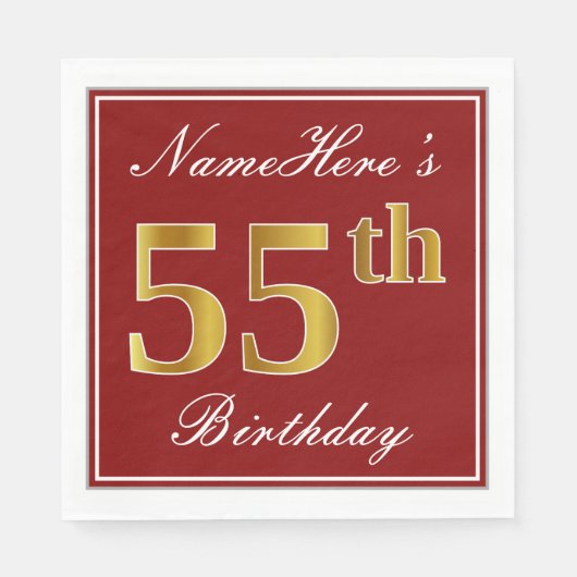 Elegant Red, Faux Gold 55th Birthday + Aangepaste  Servetten (Voorkant)