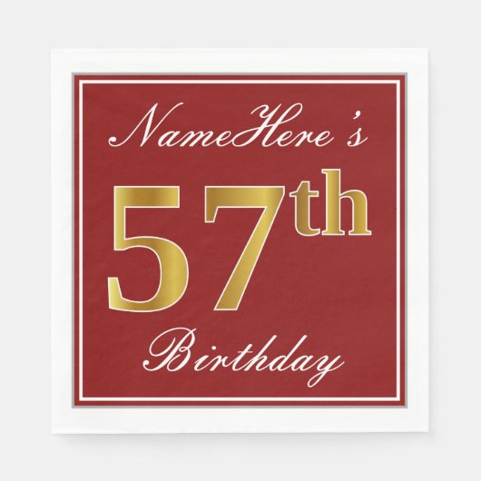 Elegant Red, Faux Gold 57th Birthday + aangepaste Servet (Voorkant)