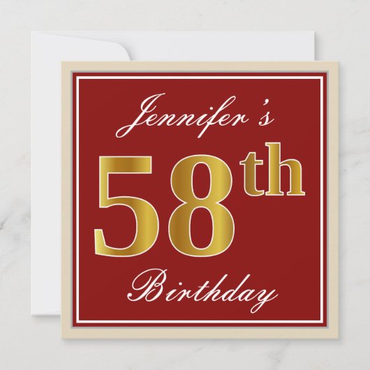 Elegant, Red, Faux Gold 58th Birthday; Aangepaste  Kaart (Voorkant)