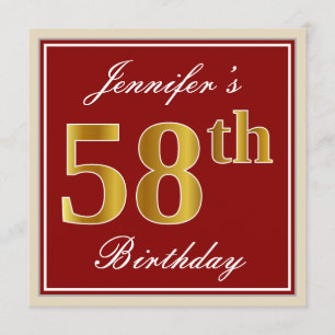 Elegant, Red, Faux Gold 58th Birthday; Aangepaste  Kaart