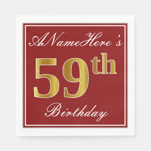 Elegant Red, Faux Gold 59th Birthday + aangepaste  Servet (Voorkant)