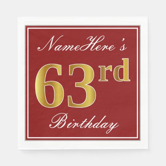 Elegant Red, Faux Gold 63rd Birthday + aangepaste  Servet (Voorkant)