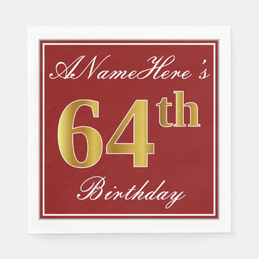 Elegant Red, Faux Gold 64th Birthday + aangepaste  Servet (Voorkant)