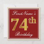Elegant, Red, Faux Gold 74th Birthday; Aangepaste  Kaart (Voorkant)