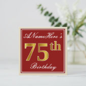 Elegant, Red, Faux Gold 75th Birthday; Aangepaste  Kaart (Staand voorkant)