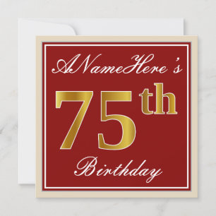 Elegant, Red, Faux Gold 75th Birthday; Aangepaste  Kaart