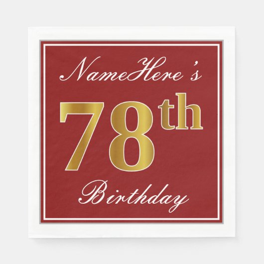 Elegant Red, Faux Gold 78th Birthday + aangepaste  Servetten (Voorkant)