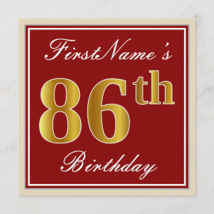 Elegant, Red, Faux Gold 86th Birthday; Aangepaste  Kaart