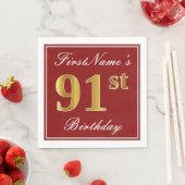 Elegant Red, Faux Gold 91st Birthday + aangepaste  Servetten (Insitu)