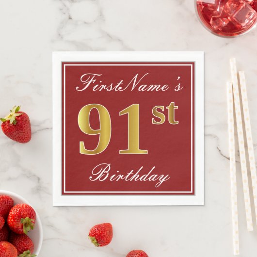 Elegant Red, Faux Gold 91st Birthday + aangepaste  Servetten (Insitu)