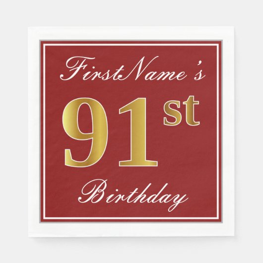 Elegant Red, Faux Gold 91st Birthday + aangepaste  Servetten (Voorkant)