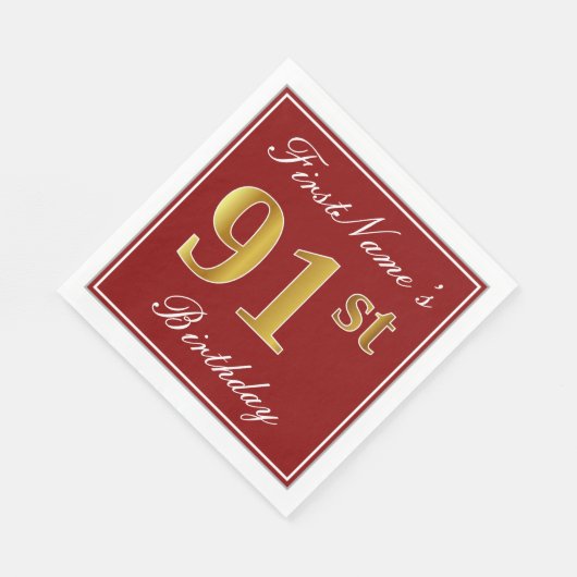 Elegant Red, Faux Gold 91st Birthday + aangepaste  Servetten (Hoek)