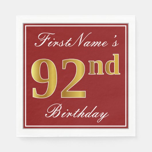 Elegant Red, Faux Gold 92nd Birthday + aangepaste Servet (Voorkant)