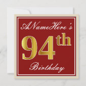 Elegant, Red, Faux Gold 94th Birthday; Aangepaste  Kaart (Voorkant)