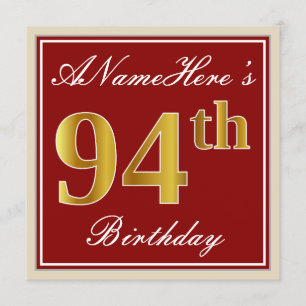 Elegant, Red, Faux Gold 94th Birthday; Aangepaste  Kaart