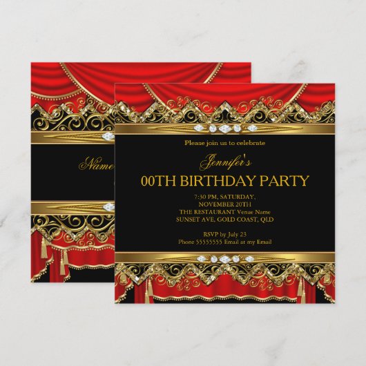 Elegant Red Faux Gold Silk Black Diamond Invite Kaart (Voorkant / Achterkant)