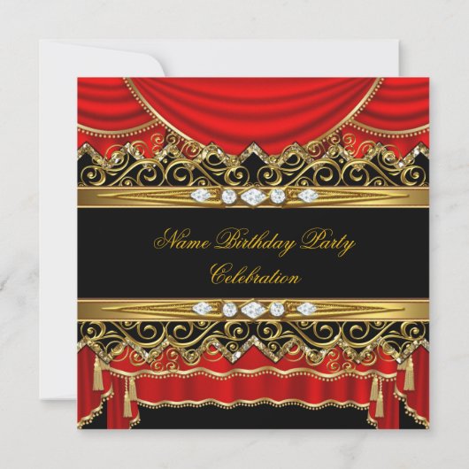 Elegant Red Faux Gold Silk Black Diamond Invite Kaart (Achterkant)