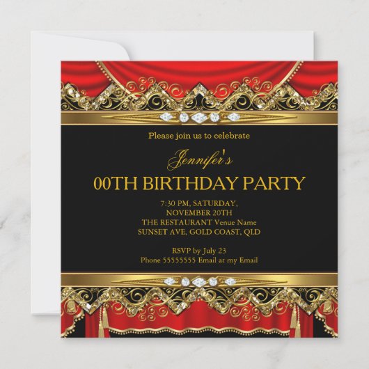 Elegant Red Faux Gold Silk Black Diamond Invite Kaart (Voorkant)