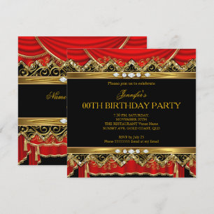 Elegant Red Faux Gold Silk Black Diamond Invite Kaart