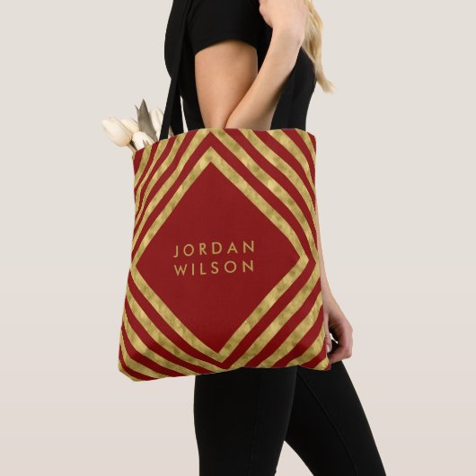 Elegant Red Faux Gold Square Lines Geometric Tote Bag (Dichtbij)