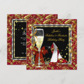 Elegant RED Floral Black Gold Birthday Party Kaart (Voorkant / Achterkant)