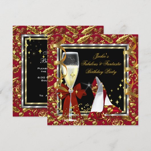 Elegant RED Floral Black Gold Birthday Party Kaart (Voorkant / Achterkant)
