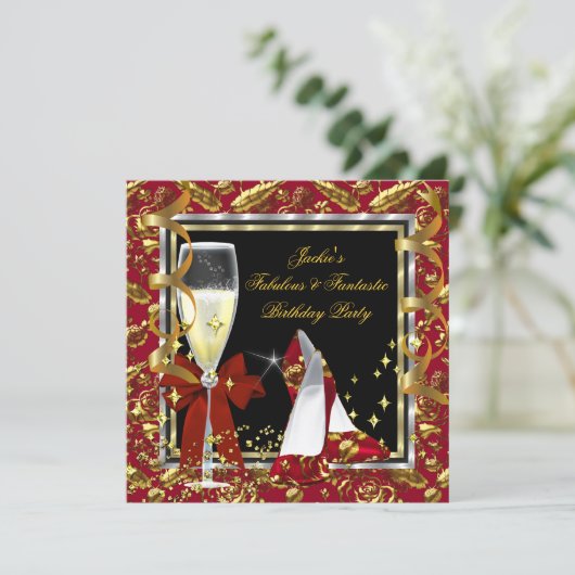 Elegant RED Floral Black Gold Birthday Party Kaart (Staand voorkant)