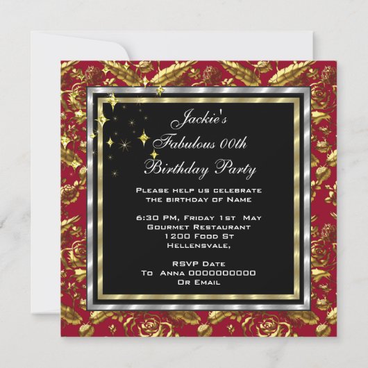 Elegant RED Floral Black Gold Birthday Party Kaart (Achterkant)