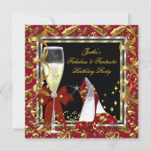Elegant RED Floral Black Gold Birthday Party Kaart (Voorkant)