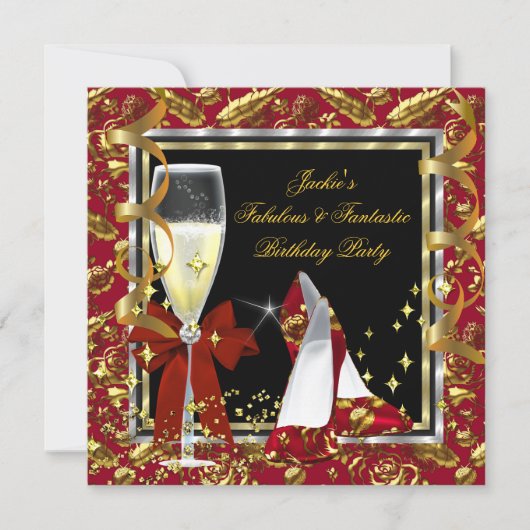 Elegant RED Floral Black Gold Birthday Party Kaart (Voorkant)
