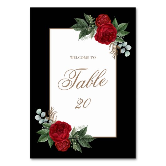 Elegant Red Floral Black & Gold Framed Wedding Kaart (Voorkant)