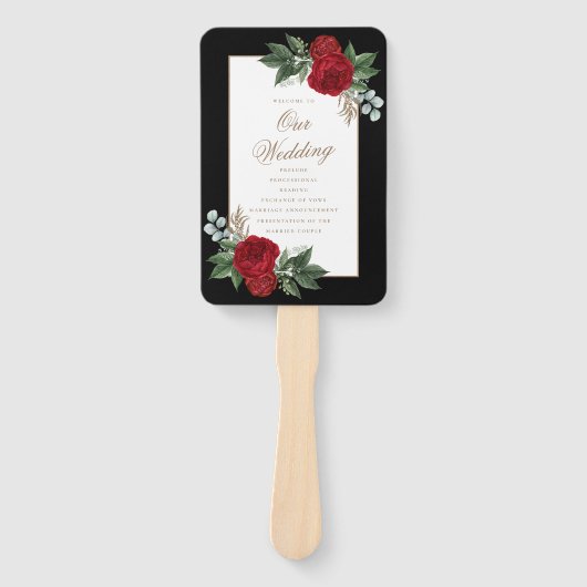 Elegant Red Floral Black & Gold Wedding Program Handwaaier (Voorkant)