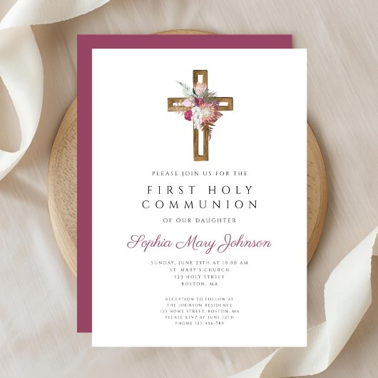 Elegant Red Floral Boho Cross First Community Kaart