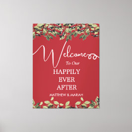 Elegant Red Floral Calligraphy Wedding Welcome Canvas Afdruk