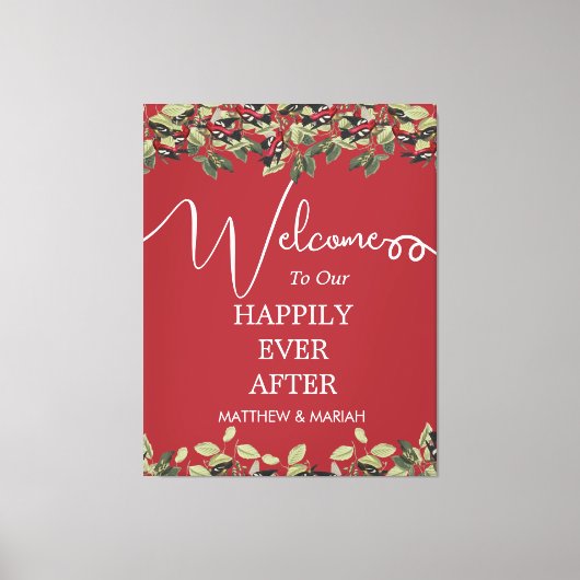Elegant Red Floral Calligraphy Wedding Welcome Canvas Afdruk (Voorkant)
