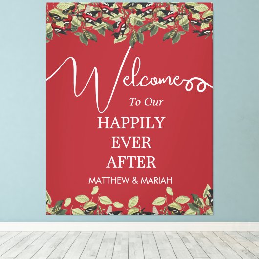 Elegant Red Floral Calligraphy Wedding Welcome Canvas Afdruk (Insitu (Houten vloer))