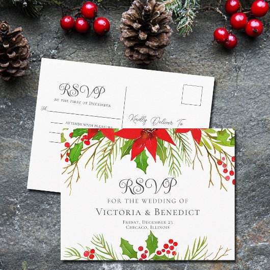 Elegant Red Floral Christmas Wedding RSVP Briefkaart