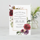 Elegant Red Floral en Gold Save The Date (Staand voorkant)