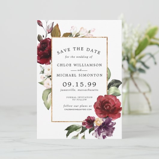 Elegant Red Floral en Gold Save The Date (Staand voorkant)
