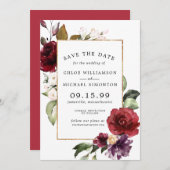 Elegant Red Floral en Gold Save The Date (Voorkant / Achterkant)