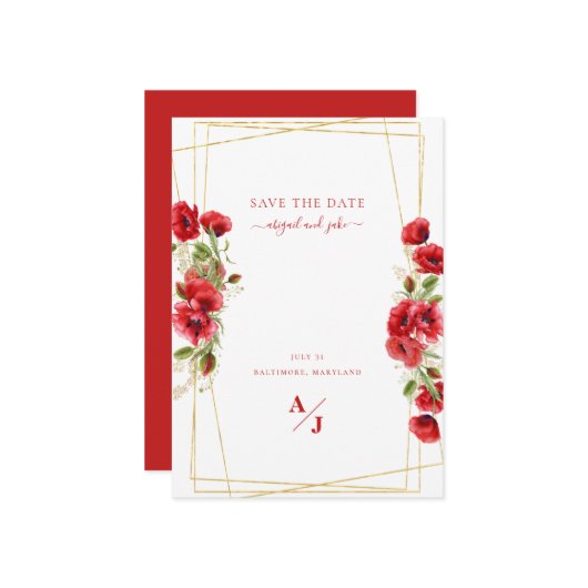 Elegant Red Floral Geometric sparen de datum Save The Date (Voorkant / Achterkant in situ)