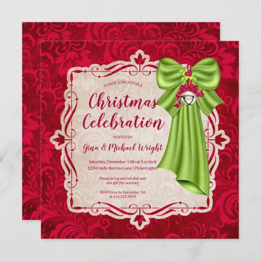 Elegant Red Floral & Green Bow kerstparty Kaart (Voorkant / Achterkant)